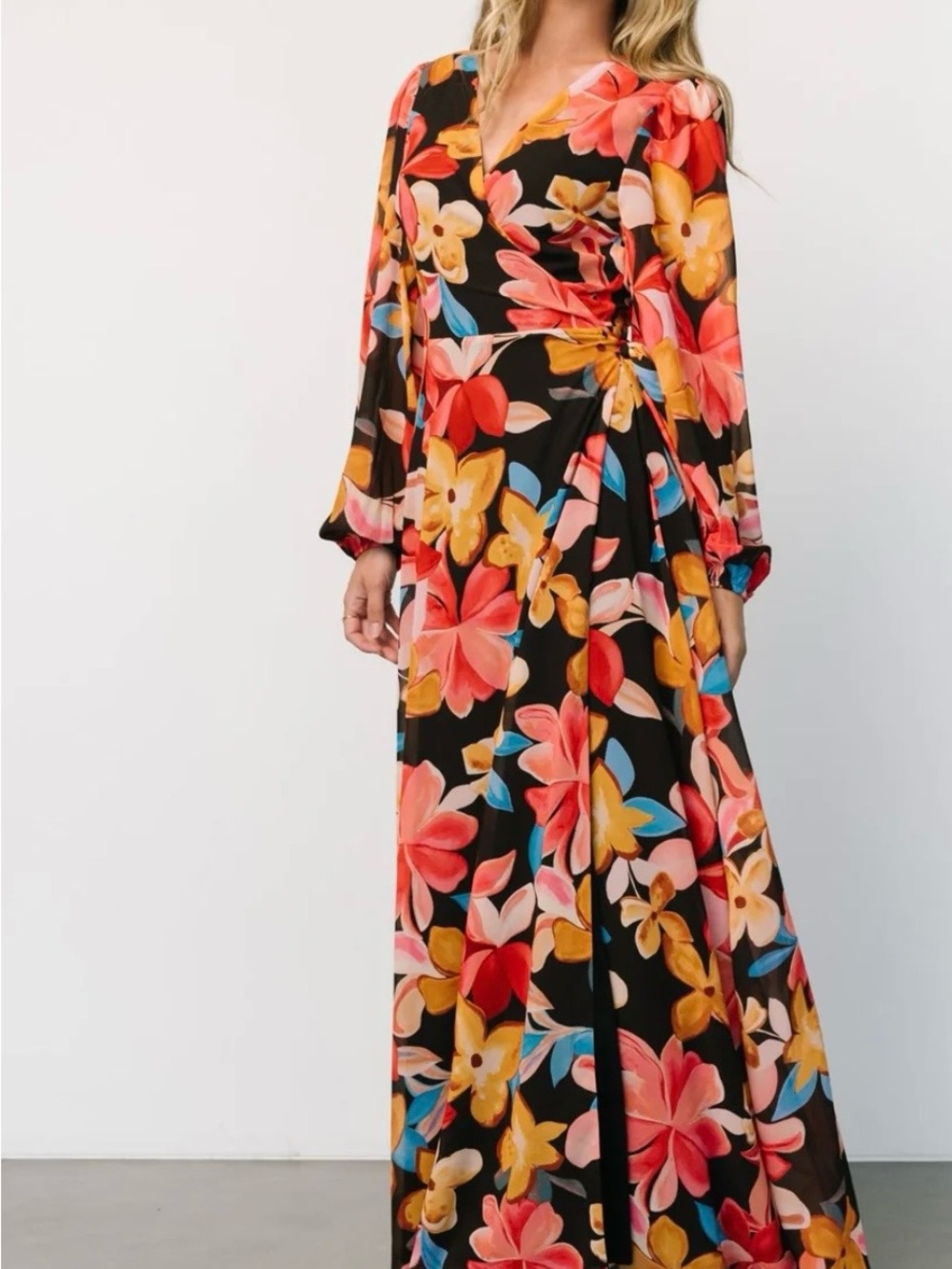 Baltic Born Black Floral Wrap Maxi Dress with Coral, Yellow & Blue Blooms